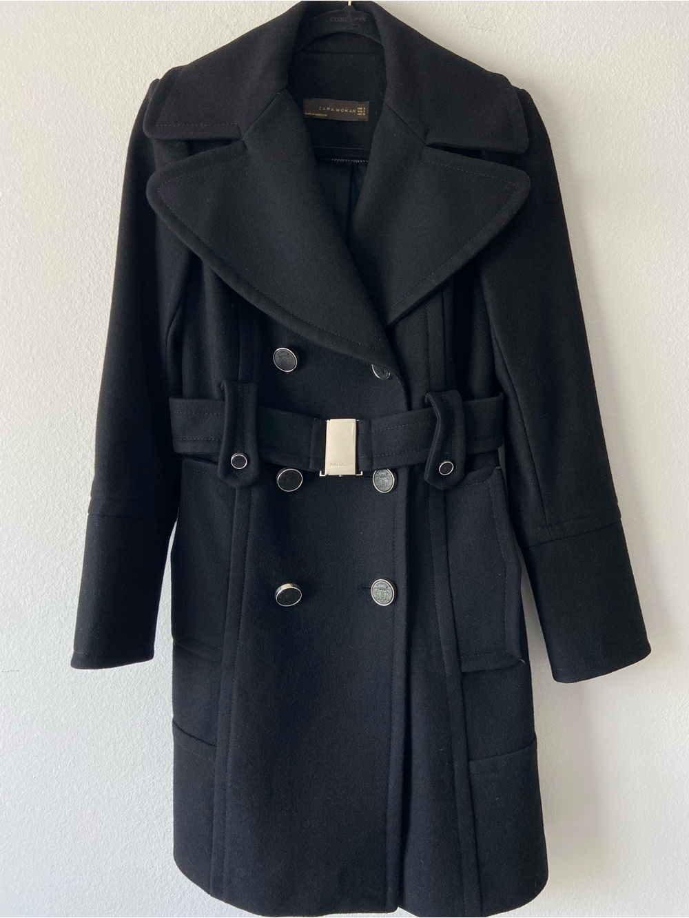Zara Woman Black Wool Blend Belted Military Coat Jacket Size S